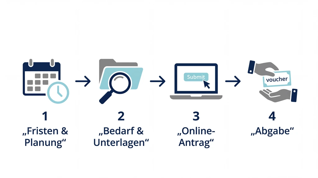 Infografik in vier Schritten: Fristen planen, Bedarf belegen, Antrag beim Bezirksamt stellen, Gutschein in der Kita abgeben