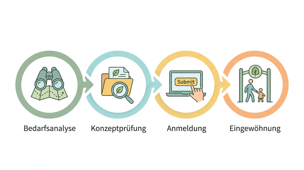 Infografik: Vier Schritte vom Klären des Betreuungsbedarfs über Kita-Vergleich und Anmeldung bis zur Eingewöhnung
